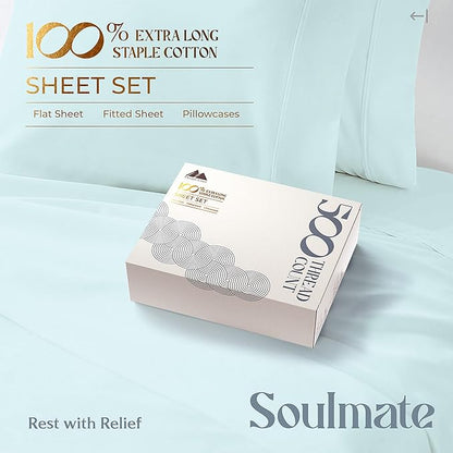 Mayfair Linen 500 Thread Count Twin XL Cotton Sheets - 3 PC Twin XL Size Bed Sheet Set Cotton (Sea Foam), Ultra Soft, Cooling, Sateen Weave Hotel-Quality 16" Deep Pocket Bedsheet (Fits 18" Mattress)