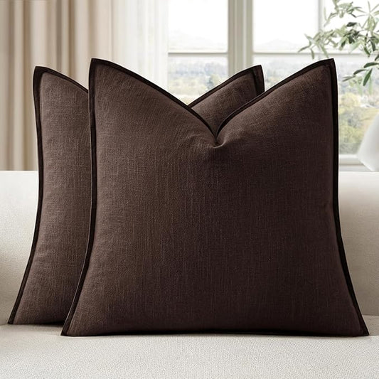 EMEMA Throw Pillow Covers Decorative Linen Pillow Covers 18x18 Inch Dark Brown Boho Farmhouse Neutral Couch Throw Pillows for Bed Pack of 2 Accent Pillowcase Modern Sofa Cushion Livingroom Home