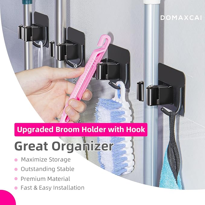 4 Pack Anti-Slip Broom Holder, Space-Saving, Damage-Free Wall Mount, Stainless - Image 2
