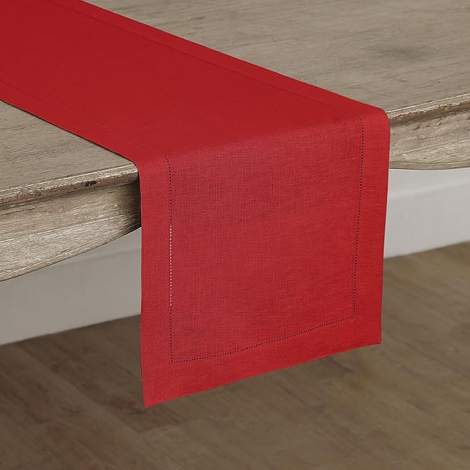 Solino Home Linen Red Table Runner 144 Inches Long - 100% Pure Linen Extra Long Table Runner 14 x 144 Inch for Christmas, Holiday, Winter, New Year - Classic Hemstitch