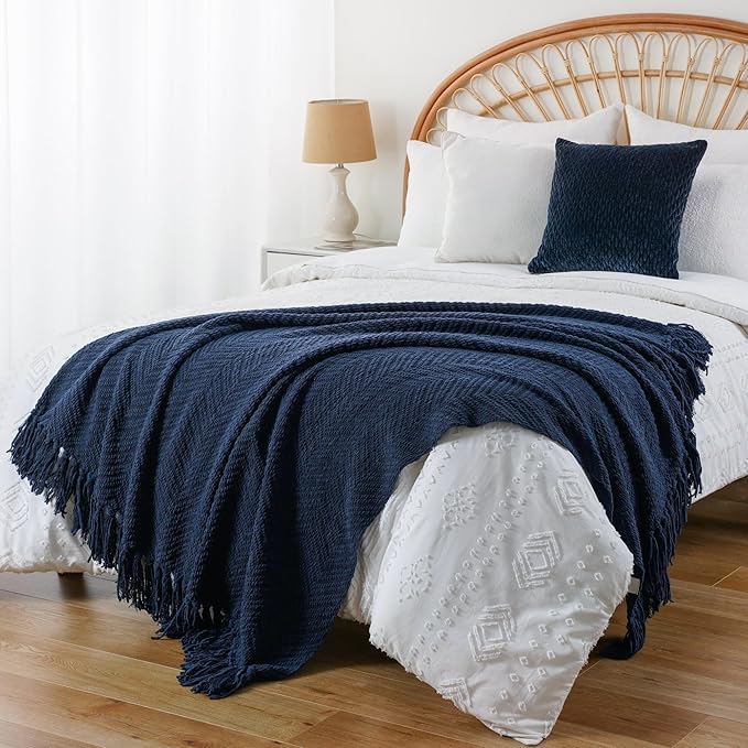 BATTILO HOME Navy Blue Throw Blanket for Couch, Super Soft Cozy Warm Dark Blue Throws for Twin Bed, Knit Woven Chenille Blanket Versatile for Sofa Bedroom Home Decor, 60"x80"