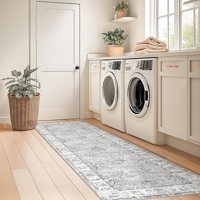 jinchan Fiora Runner Rug 2x6 Machine Washable Hallway Rug Grey Vintage Floral Print Non-Slip Low Pile Ultra-Thin for Kitchen, Entryway, Laundry Room, Bedroom, Farmhouse (2‘x6’, Grey)