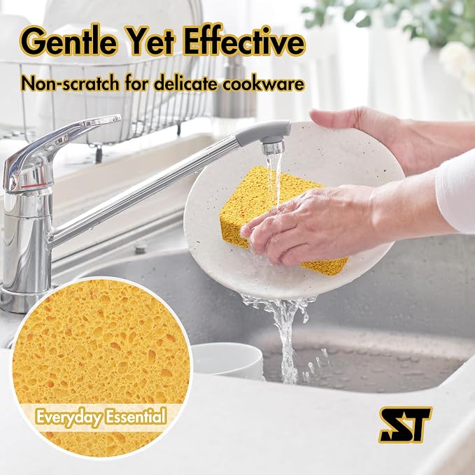 Kitchen Sponges – 4 Pack Large Cellulose Dish Washing Sponges, Natural Wood Pulp - Image 3