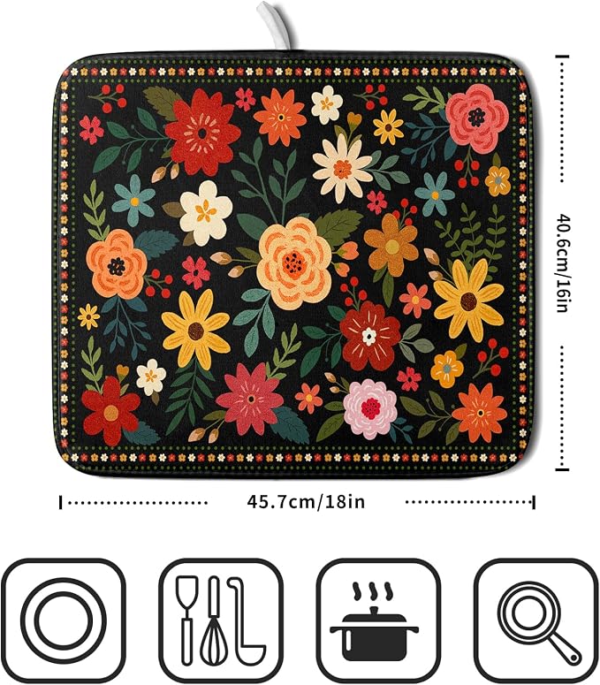 Boho Floral Dish Drying Mat 16x18 Inch Colorful Flower Dishes Dry Mats - Image 2