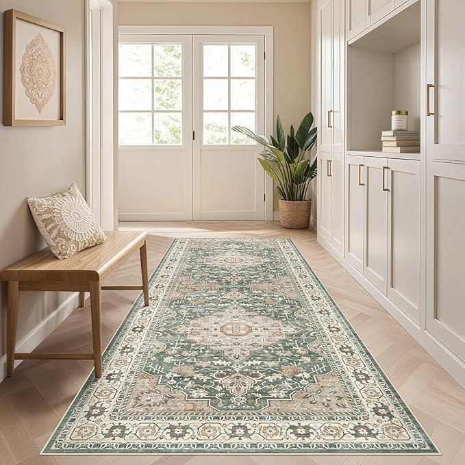 Runner Rug Kitchen Washable Rugs: 3x10 Non-Slip Abstract Soft Modern Stain Resistant Indoor Floor Neutral Accent Throw Carpet for Hallway Bathroom Laundry Room Entryway Bedroom- Green