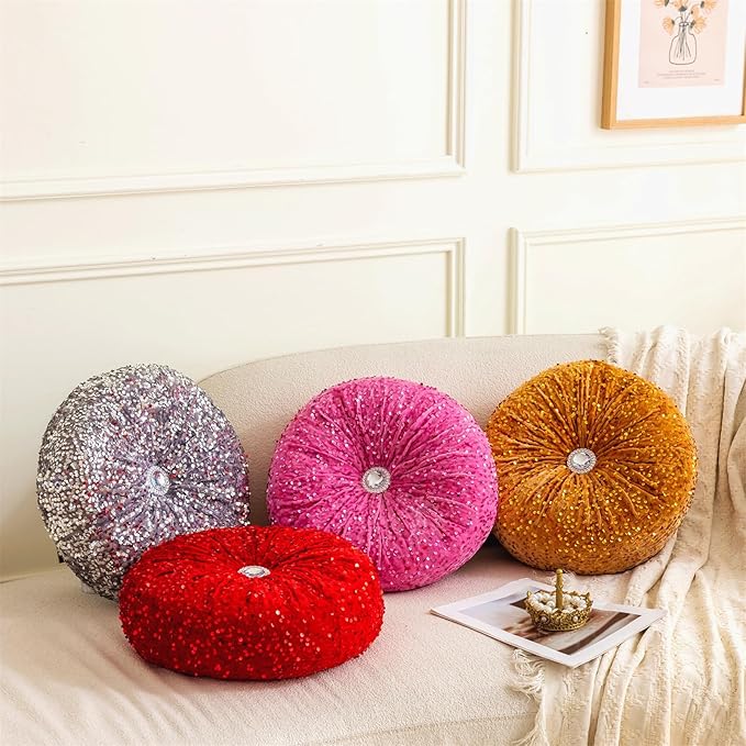 Round Throw Pillow, 13.7" Soft Glitter Sequin Pleated Pumpkin Decorative Round Pillow Circle Floor Pillow Cushions for Sofa Bed Chair Living Room Floor Home Decoration, Black