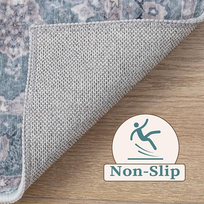 SERISSA 3x5 Boho Floral Area Rugs for Bedroom, Washable Kitchen Rugs Non-Slip, Ultra Soft Print Distressed Vintage Blue Grey Entry Rug Low-Pile Throw Rug Carpet for Bedroom Living Room Dorm Decor