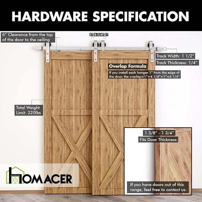 Homacer Brushed Nickel Single Track Bypass Sliding Barn Door Hardware Kit - Image 5