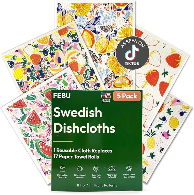 FEBU Swedish Dishcloths for Kitchen | 5 Pack Fruit Pattern Reusable Paper by FEBU