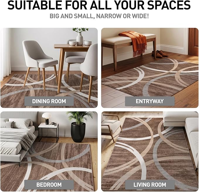 Rugshop Modern Wavy Circles Design Area Rug, Fade-Resistant Carpet for Living Room, Bedroom, or Dining Room, Grand Room,Open Spaces Brown, 8'8" x 12'