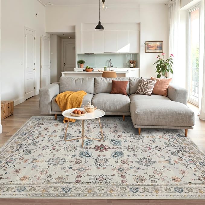 Floral Rug for Living Room Bedroom, 4x6 Washable Rug, Vintage Boho Area Rug by Rugxara