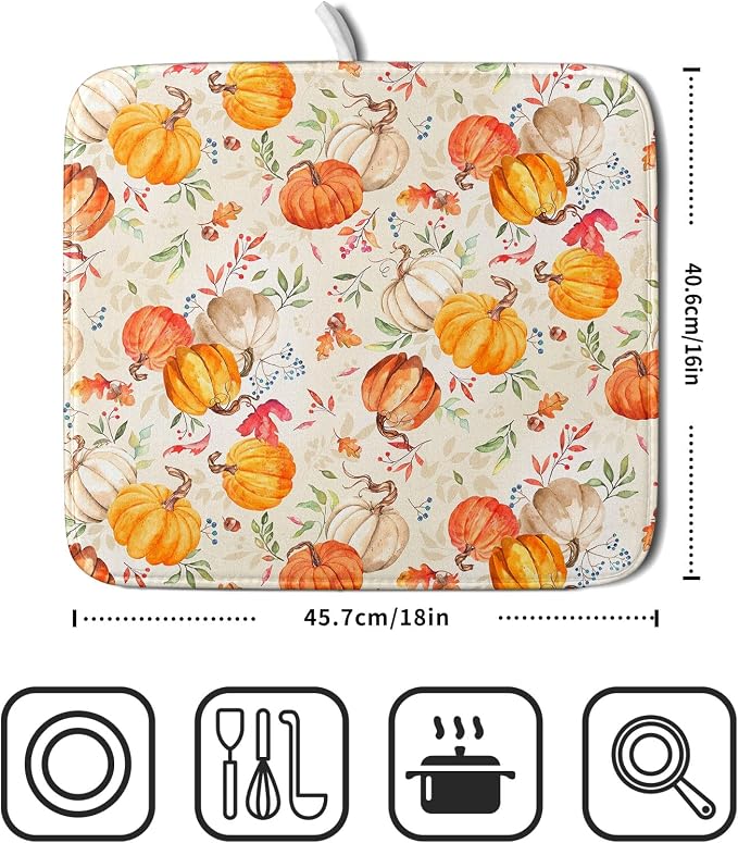 Autumn Fall Dish Drying Mat for Kitchen Counter Watercolor Pumpkin Maple Leaves - Image 2
