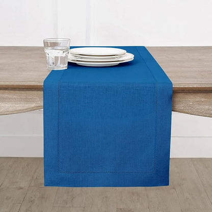 Solino Home Linen Indigo Blue Table Runner 90 Inches Long - 100% Pure Linen 14 x 90 Inch Table Runner for Christmas, Winter, New Year - Classic Hemstitch