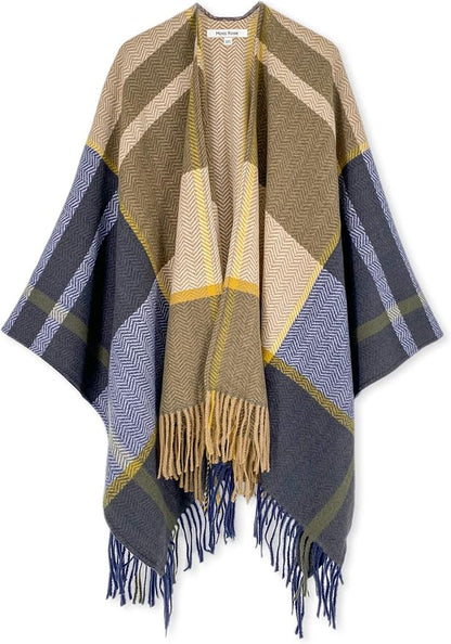 Moss Rose Women's Travel Plaid Shawl Wrap Open Front Poncho Cape for Fall Winter