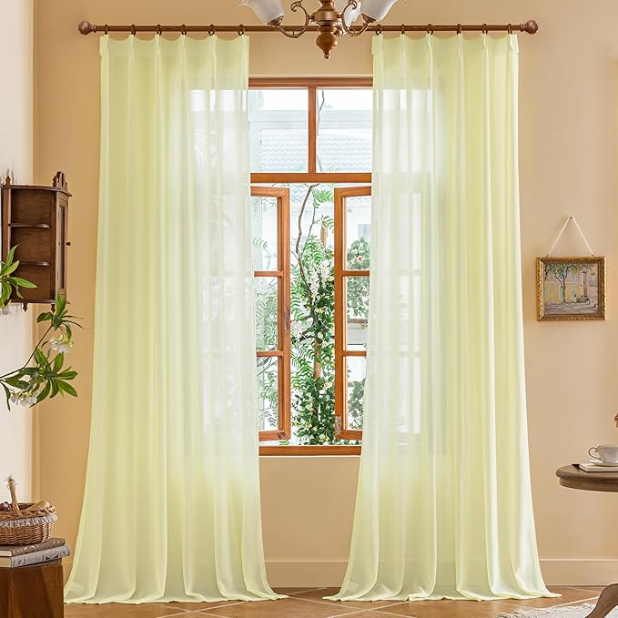 Light Yellow Pinch Pleat Curtains 108 Inches Long for Living Room Sheer Pleated Drapes with Hooks Soft Touch Tree Branch Textured Light Filtering Curtain Panels, Pear Sorbet, 42"W x 108"L, 2 Panels