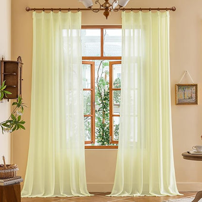 Light Yellow Pinch Pleat Curtains 108 Inches Long for Living Room Sheer Pleated Drapes with Hooks Soft Touch Tree Branch Textured Light Filtering Curtain Panels, Pear Sorbet, 42"W x 108"L, 2 Panels