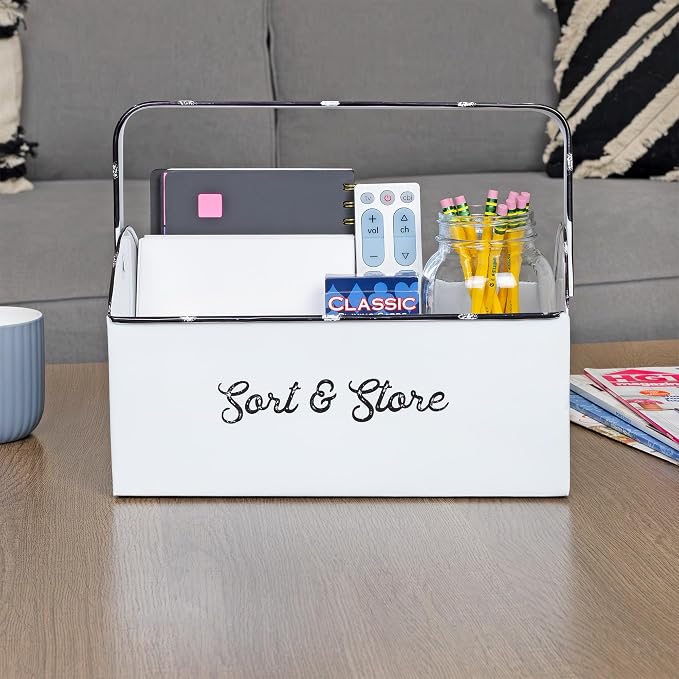 AuldHome Design Enamelware Rustic Caddy w/Handle, Distressed White Farmhouse - Image 2