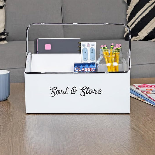 AuldHome Design Enamelware Rustic Caddy w/Handle, Distressed White Farmhouse - Image 2