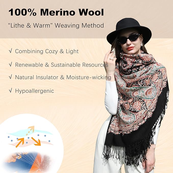 DANA XU 100% Merino Wool Extra Large Pashmina Blanket Travel Scarf Cashmere Wrap for Women Fall Winter Oversize Shawl Floral