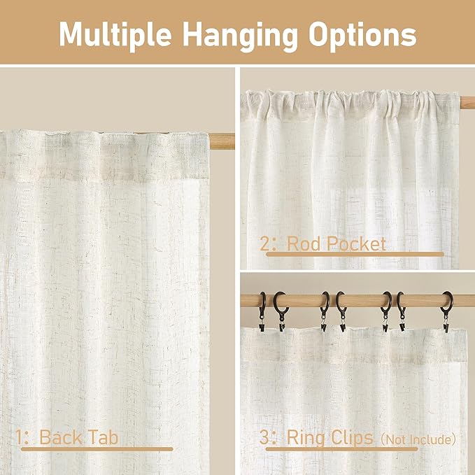 LAMIT 68 inch Length Linen Curtains for Living Room 2 Panels, Linen Textured Light Filtering Semi Sheer Back Tab and Rod Pocket Window Curtain Panels for Bedroom/Farmhouse, Cream, 52 x 68 Inch
