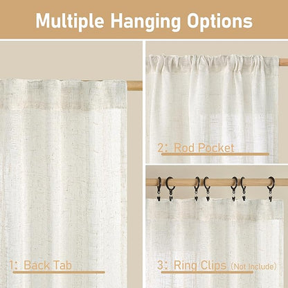 LAMIT Light Filtering Linen Curtains 63 inches Long for Bedroom, Linen Textured Semi Sheer Back Tab and Rod Pocket Boho Drapes for Living Room, Cream, 2 Panels, 60 x 63 Inch