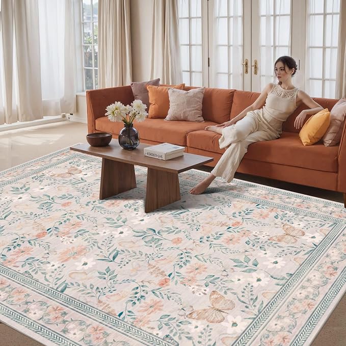 8x10 Pink Rugs for Bedroom Girls, Floral Washable Rug, Boho Area Rug, Large Non - Image 2