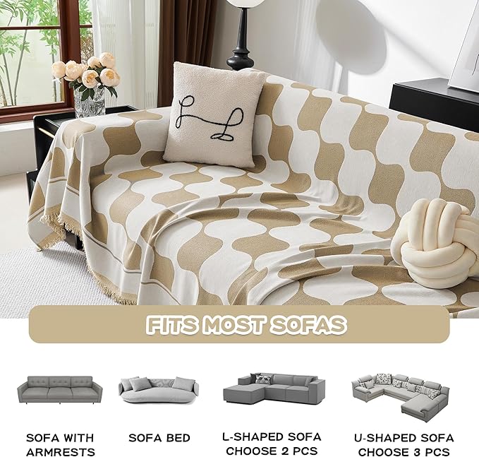 MEETSKY Sofa Cover Washable Sectional Couch Cover, X-Large Couch Slipcovers for Reclining Couch 2 Seat ，Washable Sofa Protector Decorative Modern Style for Living Room, 71" x 118", Khaki Checkerboard