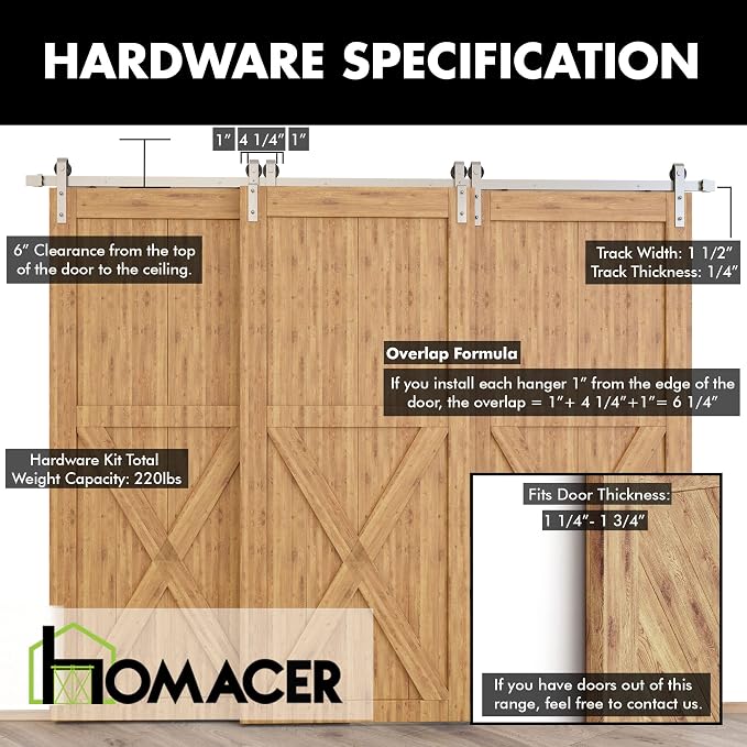 Homacer Brushed Nickel Single Track Bypass Sliding Barn Door Hardware Kit - Image 5