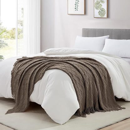 BOURINA Brown Throw Blanket 50 x70 Inches Jacquard Argyle Throw Textured Solid Soft Throws and Blankets for Sofa or Bed Knitted Decorative Blanket