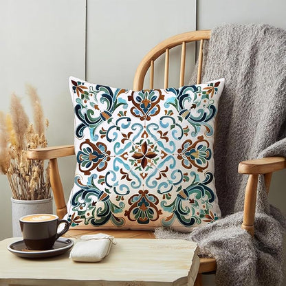 Vintage Boho Floral Print Throw Pillow Cover, Orange, Blue - Retro Rust Floral Decor Pillowcase, Indoor Outdoor Cushion Case for Sofa Couch Bed Living Room Bedroom Home (White&Blue, 18x18inch)