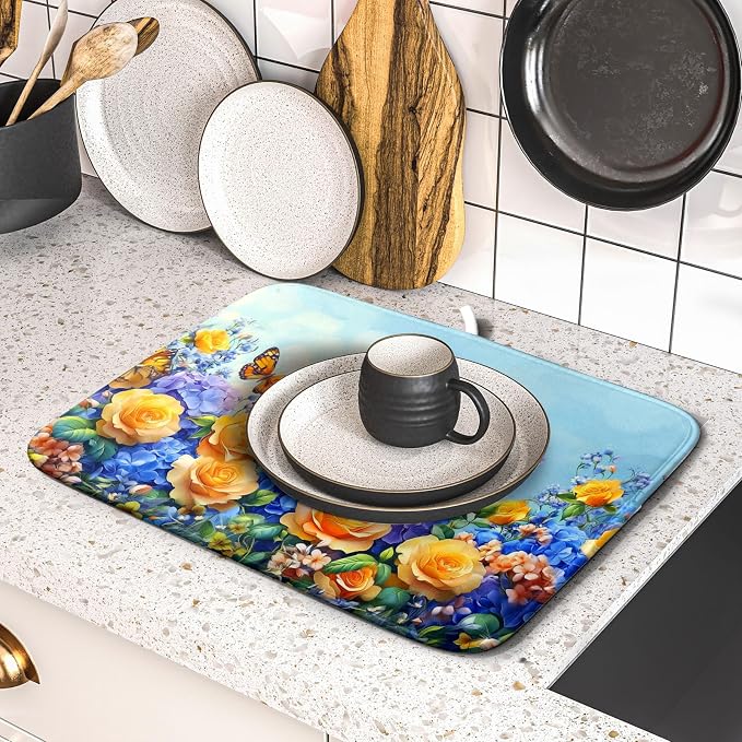 Spring Blue Yellow Hydrangeas Flowers Dish Drying Mat - Image 5
