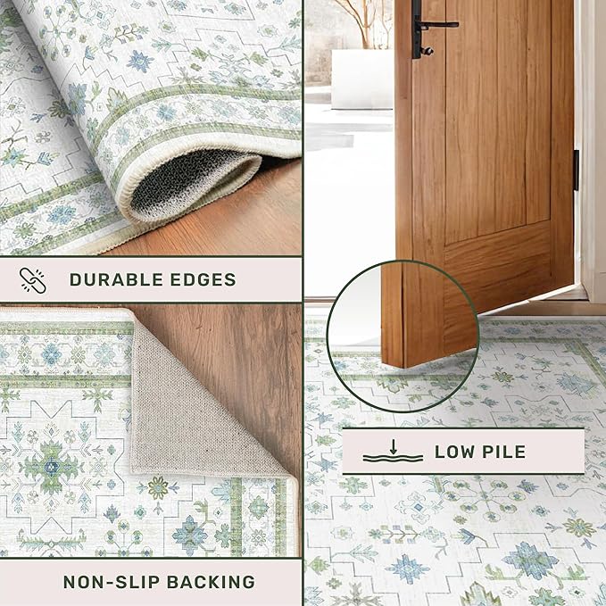 Cream Green and Blue 2x4 Boho Bathroom Rug - Oushak Floral Pastel, Washable Low Pile Non Slip with Rubber Backing Stain Resistant Entryway Rugs Indoor, Small Carpet for Kitchen, Bedroom, Laundry Room