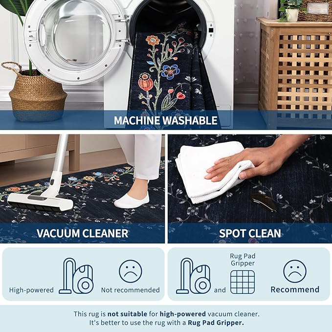 Garveehome 4x6 Washable Floral Area Rugs for Living Room: Modern Floral Non Slip Large Area Rugs for Bedroom, Large Machine Washable Living Room Low Pile Carpet with Non-Slip Backing Black 4 ft x6 ft.
