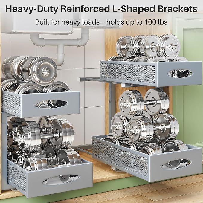 1 Pack Under Sink Organizer, 2 Tier Pull out Cabinet Organizer Mesh Baskets - Image 5