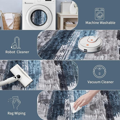 Ciicool Modern Abstract Deep Blue Gray Rug for Living Room, 8'x10' Machine Washable Area Rug Non-Slip Rug, Low-Pile Contemporary Indoor Dining Floor Carpet for Bedroom Office Under Table Home Decor