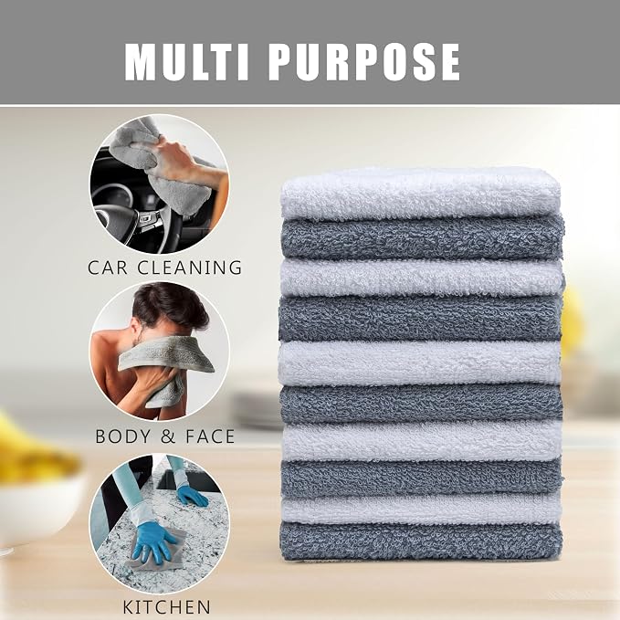 Terry Washcloths – 12x12 Inches – Pack of 10 – Grey & White – Highly Absorbent - Image 4