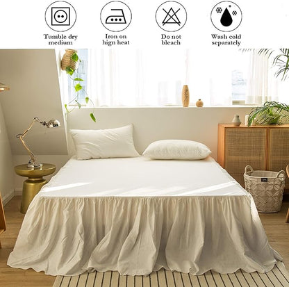 BISELINA French Linen Bed Skirt with Pleated Frills 22-Inch Tailored Drop Natural Flax Cotton Blend Dust Ruffle Soft Cozy Farmhouse Bedding (22" California King, Ruffle White)