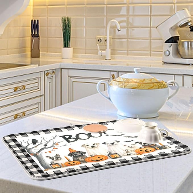 Halloween Dogs Dish Drying Mat for Kitchen Countertop 16x18 Raven Bat Pumpkin - Image 6