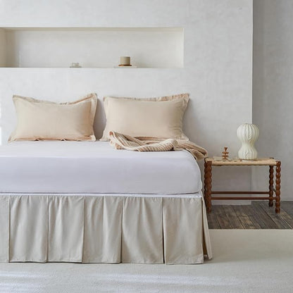 BISELINA French Linen Pleated Bed Skirt, 14" Tailored Draped Natural Linen-Cotton Blend Basic Dust Border Soft Comfort Farmhouse Bedding (14" Queen, Linen)