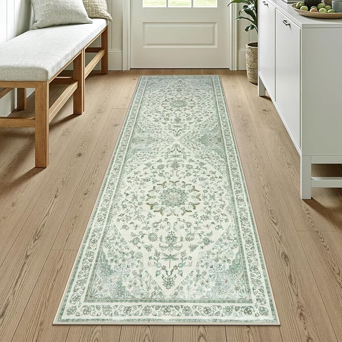 Moynesa Vintage Washable Green Runner Rug for Hallway 2x6, Retro Farmhouse Runner for Entryway Kitchen Bathroom Bedroom, Low Pile Soft Non-Slip Accent Carpets for Indoor Nursery