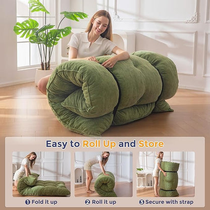 MAXYOYO Japanese Floor Mattress Full Size, 6" Foldable Futon Mattress Tufted Roll Up Floor Bed, Thick Chenille Tatami Mat Sleeping Pad for Camping Guest Room Dormitory Bedroom RV, Green