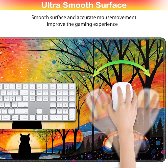 Mouse Pad with Wrist Rest Black Cat, 4-in-1 Large Mousepad+Keyboard Wrist - Image 4