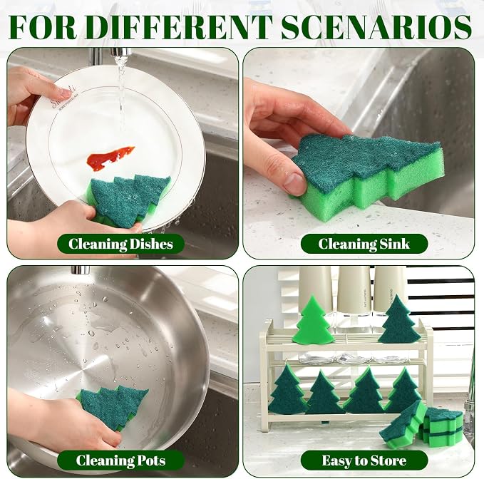 Tioncy 12 Pack Christmas Tree Kitchen Sponges Bulk Dual Sided Scrubber Sponges - Image 4