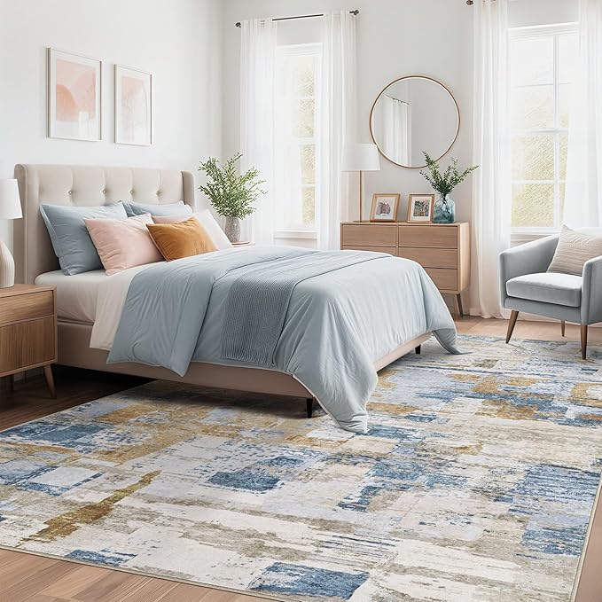 Abstract Living Room Rug 6x9 - Modern Washable Soft Thin Area Rug for Living Room Bedroom Under Dining Table - Neutral Indoor Floor Rug Carpets for Home Office Playroom Nursery - Blue Gold