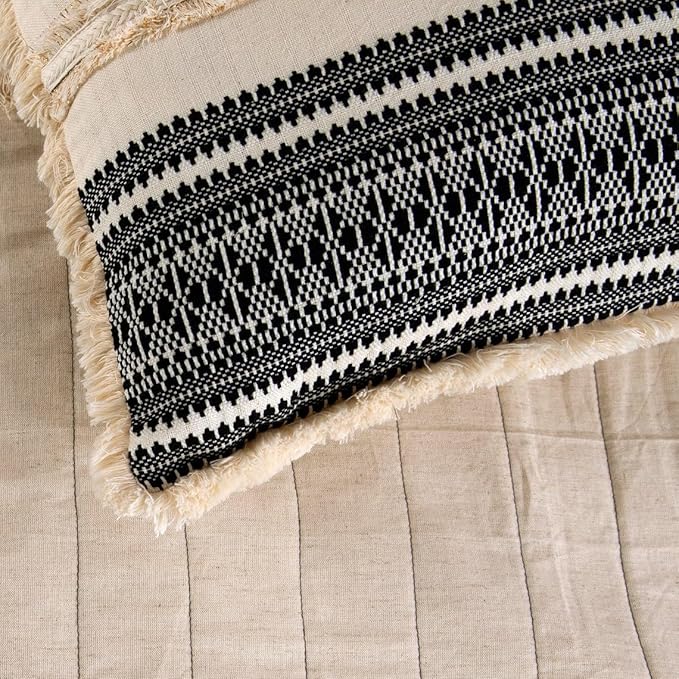 The HomeCentric Beige Bed Runner Without Pillow Cover, King Size 90"x18" Decorative Bed Runner, Beige & Black Linen Bed Scarf in Quilted, Natural Linen with Lace - Moroccan Vibe