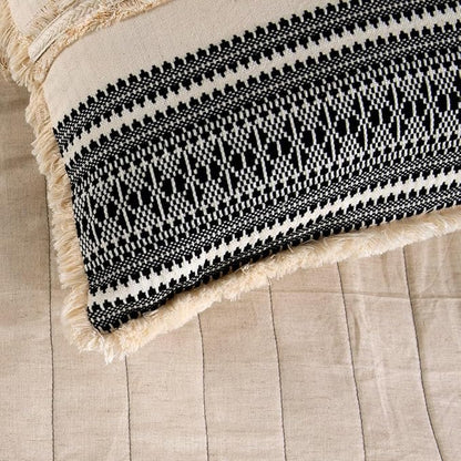 The HomeCentric Beige Bed Runner Without Pillow Cover, King Size 90"x18" Decorative Bed Runner, Beige & Black Linen Bed Scarf in Quilted, Natural Linen with Lace - Moroccan Vibe