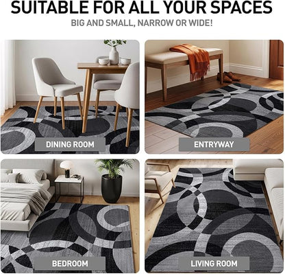 Rugshop Gray Modern Geometric Runner Rug, Abstract Circles, High-Traffic, Non-Shedding, for Hallway, Entryway and Kitchen, 2' x 10'