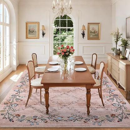 GarveeHome 5x7 Washable Floral Area Rugs for Living Room: Modern Floral Non Slip Large Area Rugs for Bedroom, Large Machine Washable Living Room Low Pile Carpet with Non-Slip Backing Pink 5 ft x7 ft.