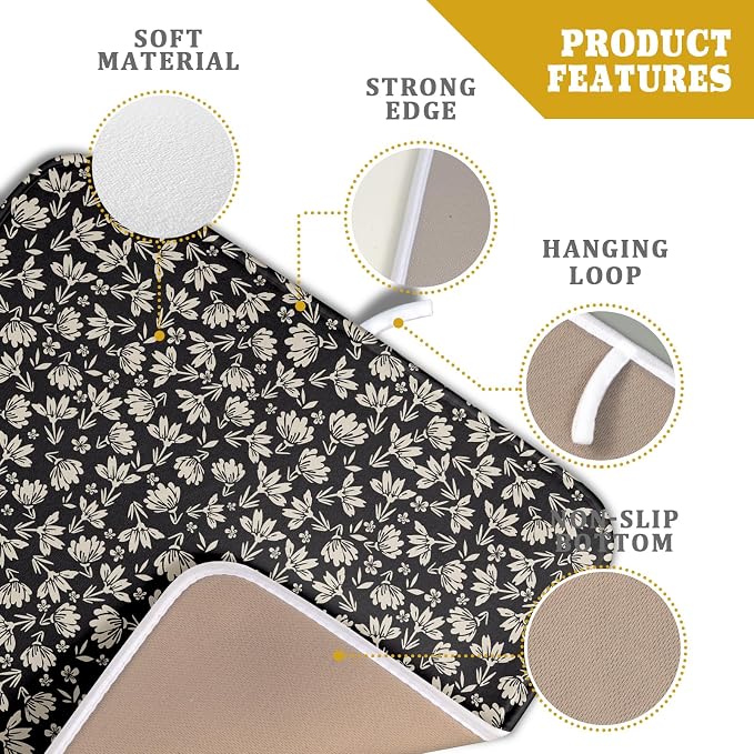 Floral Dish Drying Mat for Kitchen Counter 18x16 Inch Black Flower Drying Mat - Image 3