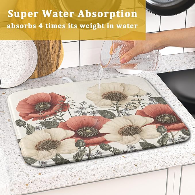 Floral Dish Drying Mat for Kitchen Counter 18x16 Inch Beige Pink Big Flower - Image 7